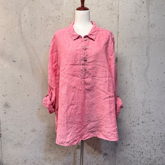 Sigrid Olsen Tops - Sigrid Olsen Linen Tunic Women 3X Pink Henley Roll Tab Coastal Boho Lagenlook